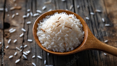 Bowl of uncooked white rice on a wooden spoon with scattered grains on rustic wooden surface photo