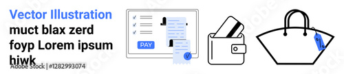 Digital payment on screen, wallet with card, and shopping bag. Ideal for e-commerce, online shopping, payment methods, retail, finance consumer behavior digital wallets. Landing page