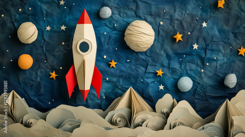 A paper rocket standing upright on a detailed paper landscape, surrounded by stars and planets made of folded paper.