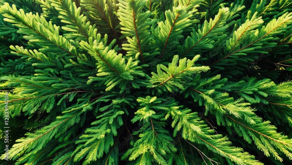 Lush green evergreen branches with sunlight creating an abstract background of coniferous foliage in vibrant nature.