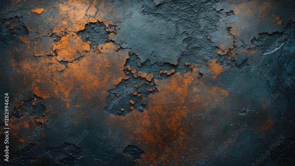 Textured surface with orange and blue peeling paint showing age and wear on a grungy wall backdropped by dark tones Textured surface with orange and blue peeling paint showing age and wear on a grungy wall backdropped by dark tones