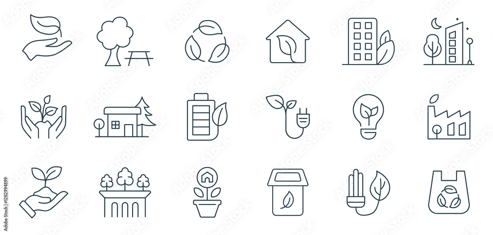 Ecology and Sustainability Line Icon Set. Vector Illustration of Renewable Energy, Recycling, Nature Conservation, Eco-Friendly Living, and Environmental Protection Symbols in Outline Style Ecology and Sustainability Line Icon Set. Vector Illustration of Renewable Energy, Recycling, Nature Conservation, Eco-Friendly Living, and Environmental Protection Symbols in Outline Style