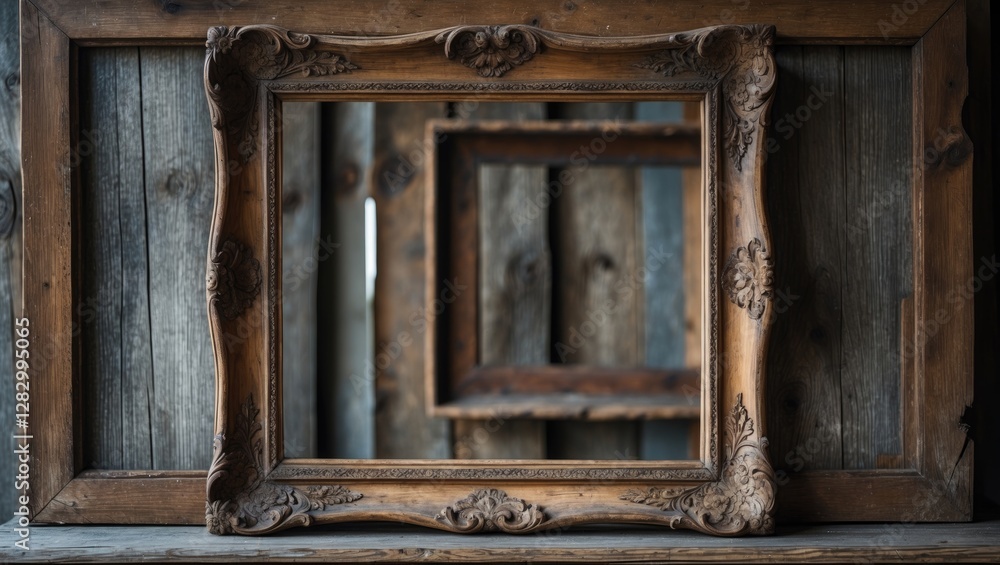 Antique wooden picture frame with intricate carvings against a rustic wooden background showcasing vintage craftsmanship and timeless elegance. Antique wooden picture frame with intricate carvings against a rustic wooden background showcasing vintage craftsmanship and timeless elegance.