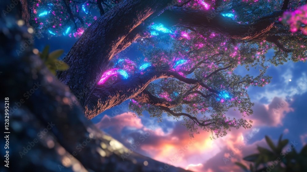 Fototapeta premium Neon Serpent Tree, a mesmerizing tree with branches resembling glowing neon snakes, radiating vibrant colors and intricate details.