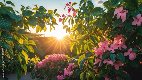 Sunset view through vibrant green leaves with blooming pink flowers illuminating the landscape in natural light. photo