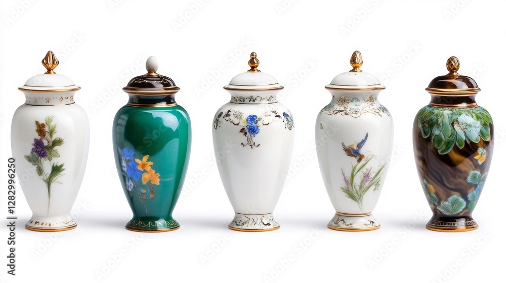 Decorative Floral Porcelain Vases with Lids and Gold Details on White Background. Generative AI Decorative Floral Porcelain Vases with Lids and Gold Details on White Background. Generative AI