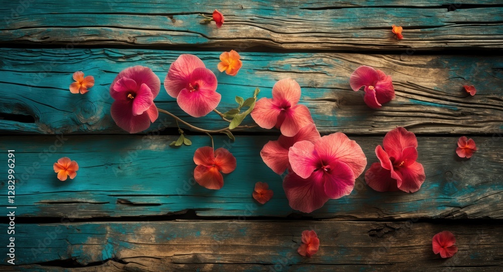 Fototapeta premium Assorted pink and orange flowers arranged on a rustic blue wooden background with natural textures and details featured prominently.