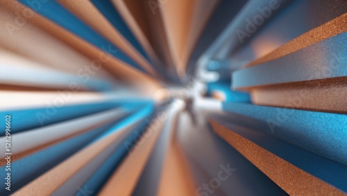 Abstract close-up view of colored metallic stripes in blue and copper tones creating a dynamic optical effect in a blurred perspective.