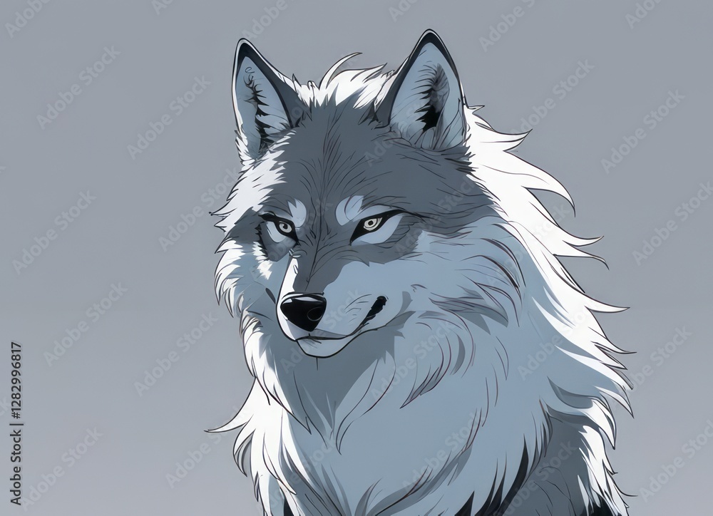 Naklejka premium Striking illustration of a wolf, capturing majestic features. Perfect for wildlife and nature projects, this piece embodies strength and beauty in captivating design.