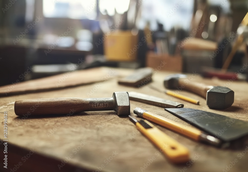 Woodworking tools arrangement workshop still life indoor close-up craftsmanship essentials for diy projects