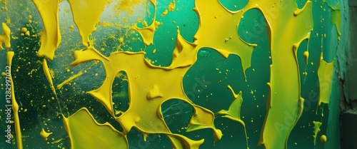 Vivid abstract paint patterns in yellow and green on glass creating a dynamic and colorful background texture for creative projects.