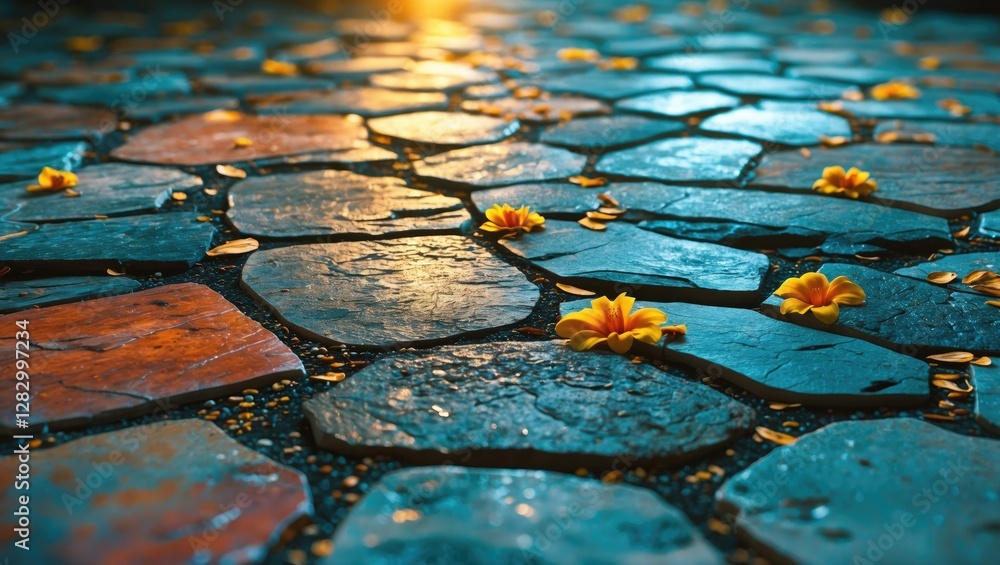 Obraz premium Colorful stones with wet surface and scattered yellow flowers and petals in a tranquil outdoor setting.