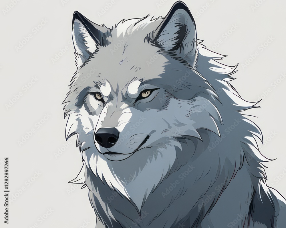 Fototapeta premium Stunning digital illustration of majestic gray wolf, showcasing intricate details and captivating expression. Perfect for wildlife enthusiasts and nature-themed projects.