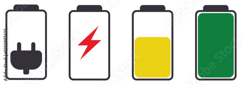 Set of vertical battery level indicators in percentage vector. Battery indicator symbols. 0-100 percent.