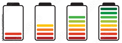Set of vertical battery level indicators in percentage vector. Battery indicator symbols. 0-100 percent.
