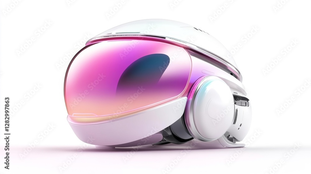 Sleek white futuristic VR headset with gradient purple visor and rounded design isolated on a white background. Generative AI Sleek white futuristic VR headset with gradient purple visor and rounded design isolated on a white background. Generative AI