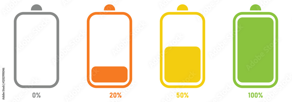 Battery charge many color flat icons. Battery charging, charge indicator. Vector battery power icon powerfully charged. Vector illustration. Battery charge many color flat icons. Battery charging, charge indicator. Vector battery power icon powerfully charged. Vector illustration.