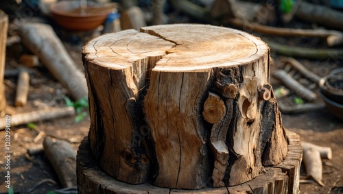Wallpaper Mural Wooden tree stump with visible grain and cracks placed in a natural outdoor setting surrounded by logs and foliage. Torontodigital.ca