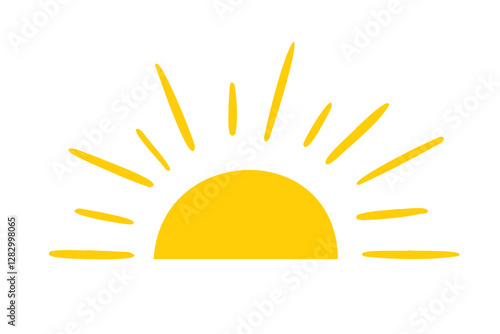Yellow semicircle doodle half sun Hand drawn icon style. Sunset simple graphic symbol. Summer heat icon. Half round solar element.