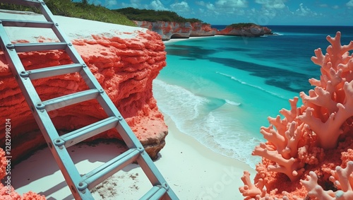 Ladder leading down to a serene white sand beach framed by vibrant coral cliffs and turquoise waters in a tropical paradise. photo