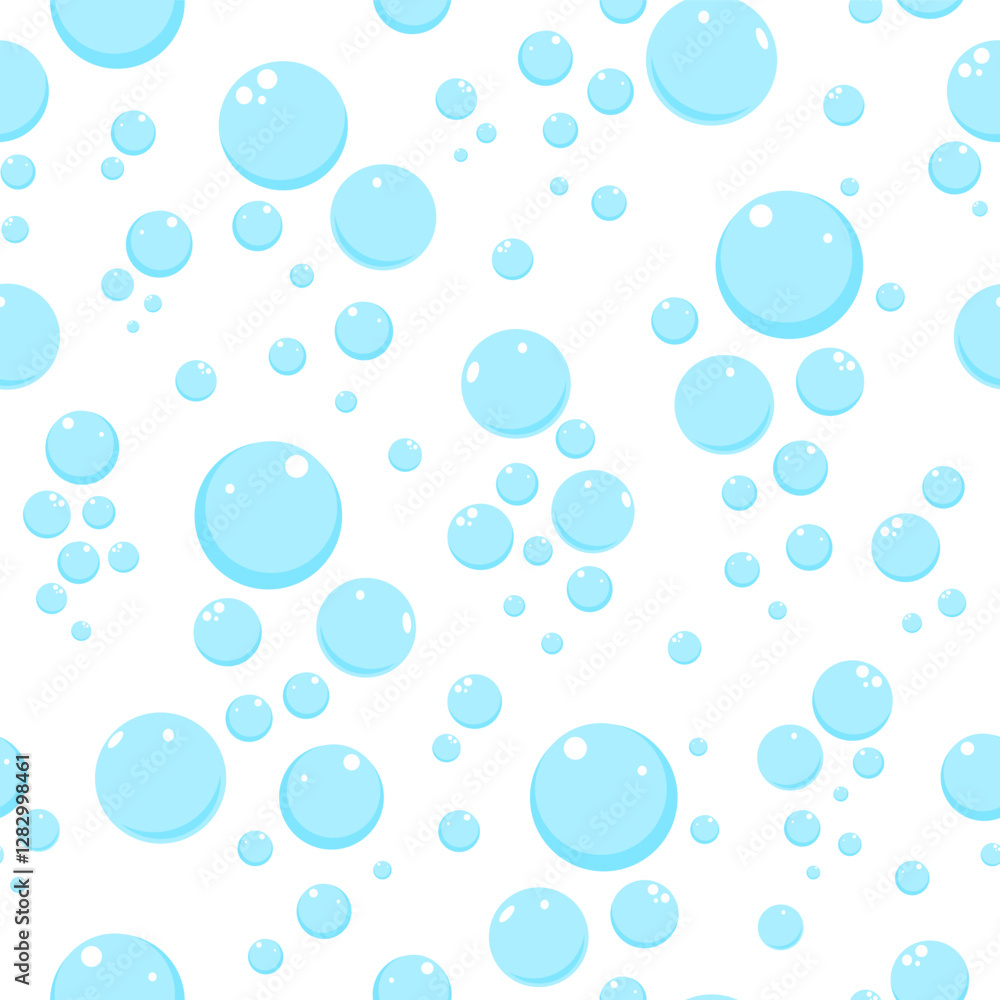 Seamless pattern with blue soap bubbles on white background. Vector illustration.