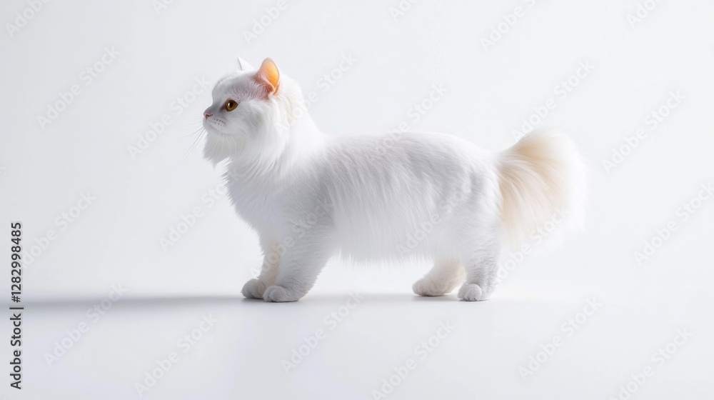 Fototapeta premium White long-haired cat with striking features on an isolated white background. Generative AI