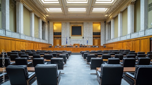 A legislative hall with modern chairs and a spacious, open floor plan. Featuring efficiency and accessibility