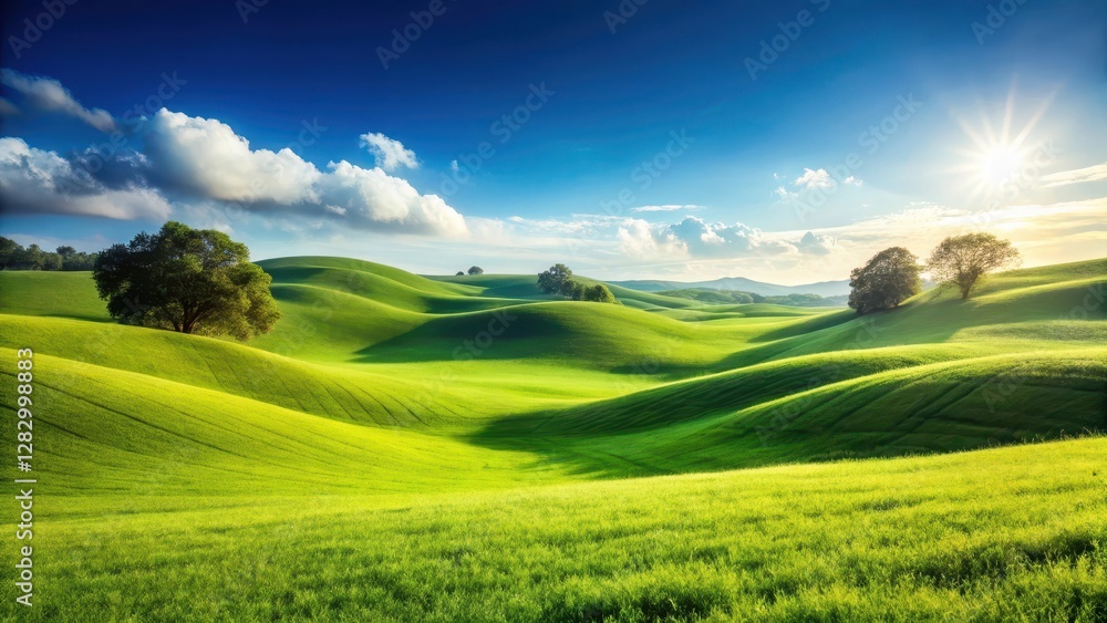 Obraz premium Rolling hills with a clear blue sky and lush green grass in the foreground