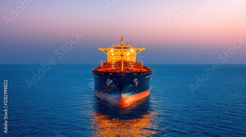 Container ship of ocean concept. Aerial View of a Cargo Ship Sailing in the Open Sea at Twilight