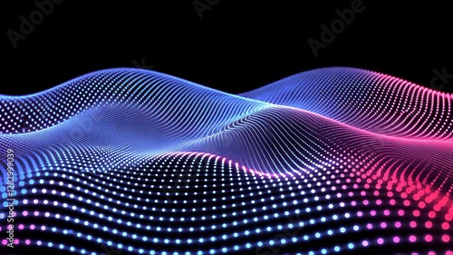 Vibrant Digital Wave Pattern with Glowing Blue and Pink Dots Creates Dynamic and Futuristic Visual Effect with Flowing Lines and Bright Colors Conveying Motion and Energy in Abstract Background