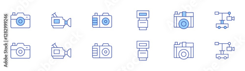 Camera icon set in two styles, Duotone and Thin Line style. Editable stroke. camera flash, camera, camera crane, video camera