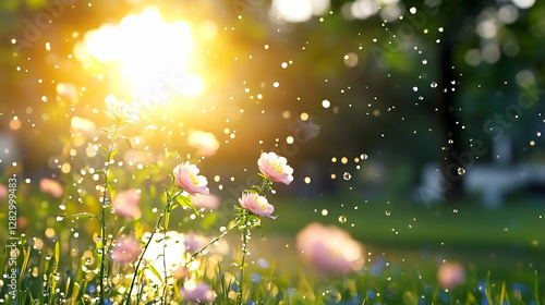 Sunset illuminates pink wildflowers sprinkled with water droplets in a lush green meadow. Perfect for springtime, nature, or serenity themes photo