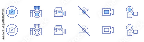 Camera icon set in two styles, Duotone and Thin Line style. Editable stroke. no camera, video camera, photo camera