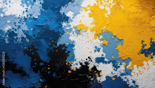 Colorful abstract grunge texture featuring vibrant blue, white, yellow, and black hues for artistic background or design projects.