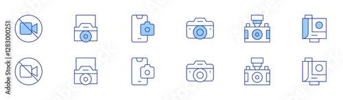 Camera icon set in two styles, Duotone and Thin Line style. Editable stroke. no recording, photo camera, camera, video camera