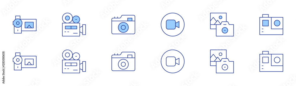 Camera icon set in two styles, Duotone and Thin Line style. Editable stroke. video camera, camera, videocamera, photography, gopro Camera icon set in two styles, Duotone and Thin Line style. Editable stroke. video camera, camera, videocamera, photography, gopro
