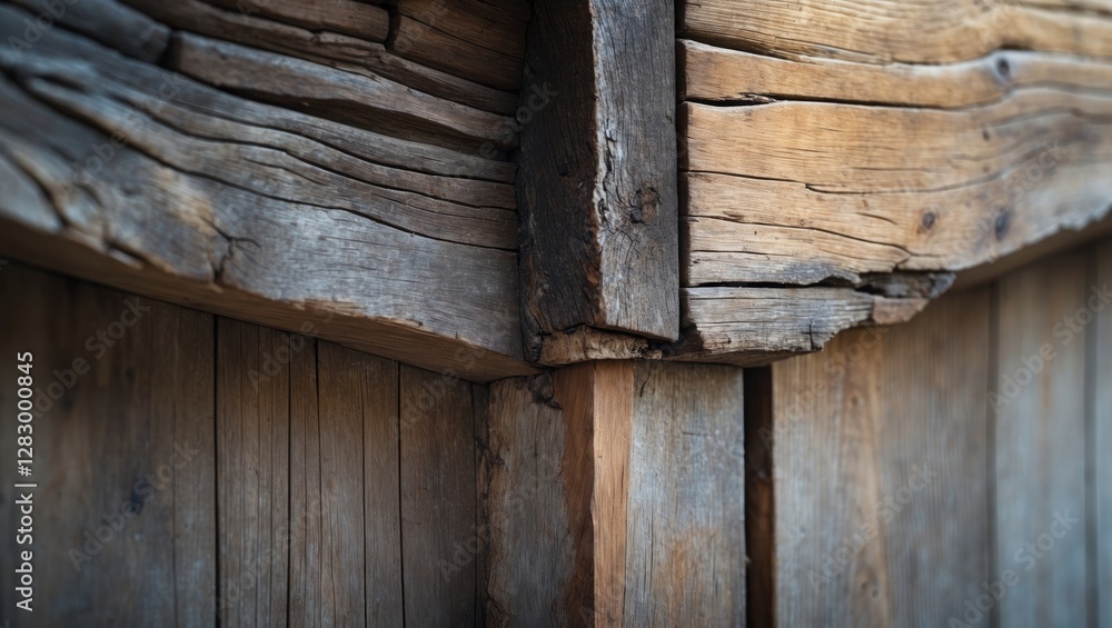 Obraz premium Rustic wooden corner close-up showcasing textured planks ideal for wallpaper and interior design inspiration.