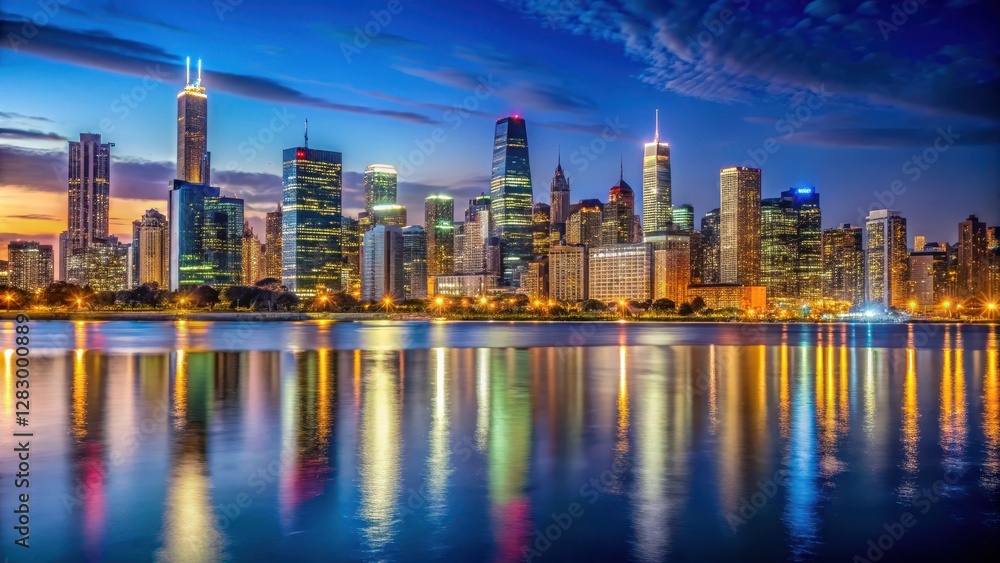 Fototapeta premium Skyline of Chicago Downtown at Night with towering skyscrapers and neon lights reflecting off the lake, lake michigan, nighttime