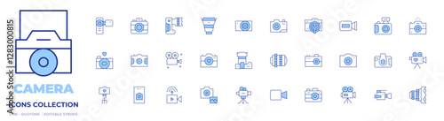 Camera icons collection. Line Duotone style, editable stroke. camera, photo camera, cinema camera, digital camera, camera tripod, video camera, film
