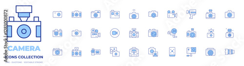 Camera icons collection. Line Duotone style, editable stroke. digital camera, photo camera, camera, camera bag, video camera, camera lens, cctv, videocamera