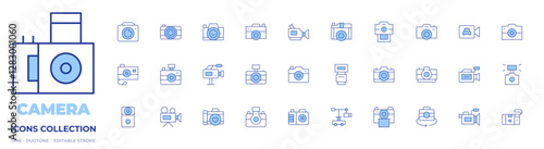 Camera icons collection. Line Duotone style, editable stroke. video camera, camera flash, camera, photo camera, camera crane, security camera, door bell