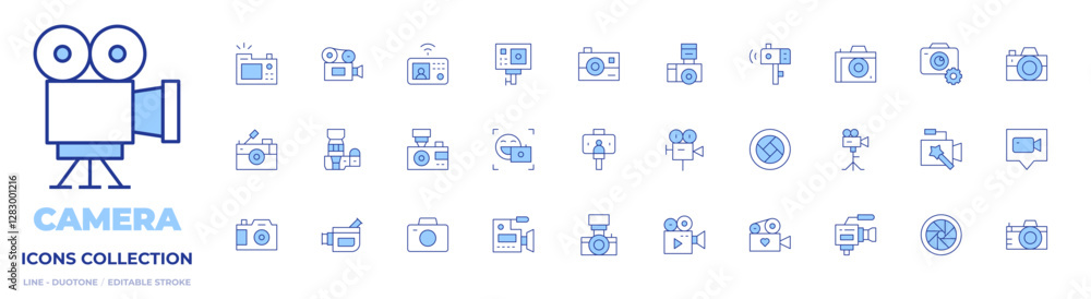Camera icons collection. Line Duotone style, editable stroke. video camera, camera, videocamera, video call, photo camera, intercom, front camera, settings Camera icons collection. Line Duotone style, editable stroke. video camera, camera, videocamera, video call, photo camera, intercom, front camera, settings