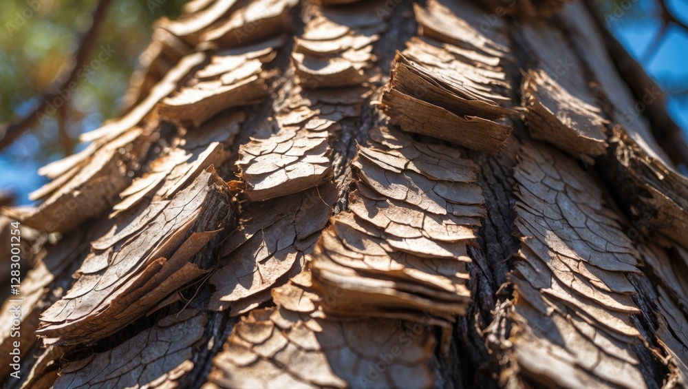 Close-up view of textured pine tree bark showcasing peeling layers against a blue sky background Close-up view of textured pine tree bark showcasing peeling layers against a blue sky background