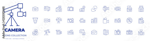 Camera icons collection. Thin Line icons, editable stroke. camera T, video camera, photo camera, camera lens, camera, no photo, camera crane, degree