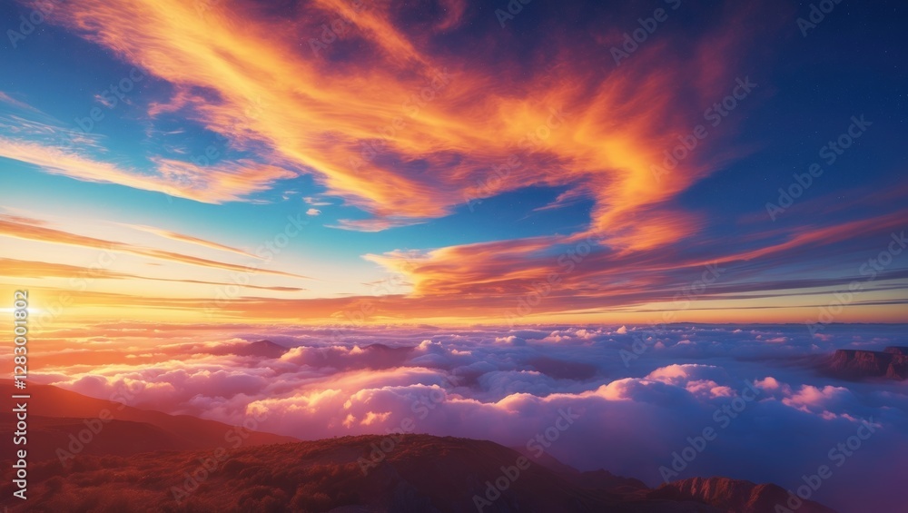 Colorful sunset over a mountainous landscape with vibrant clouds and a panoramic view above a sea of fog. Colorful sunset over a mountainous landscape with vibrant clouds and a panoramic view above a sea of fog.