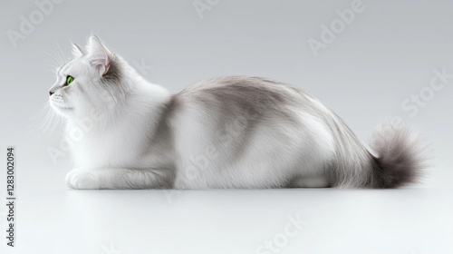 Graceful White Persian Cat Lying with Soft Gray Fur and Green Eyes. Generative AI photo