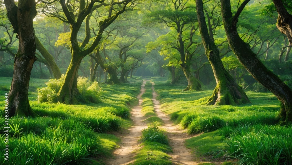 Naklejka premium Lush green forest path with vibrant trees, dappled sunlight filtering through foliage, serene landscape with winding dirt trail