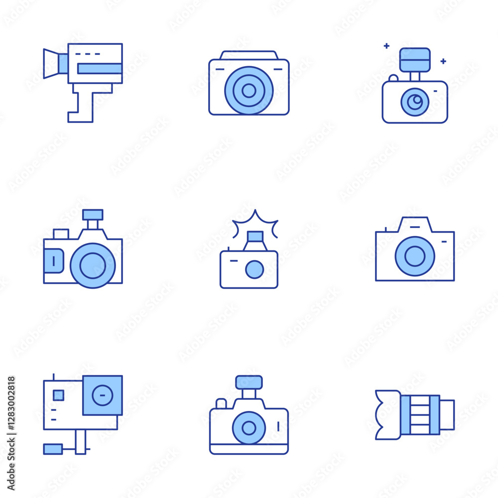 Camera icons set. Line Duotone style, editable stroke. photo camera, camera, camera lens, super, photography, action camera Camera icons set. Line Duotone style, editable stroke. photo camera, camera, camera lens, super, photography, action camera