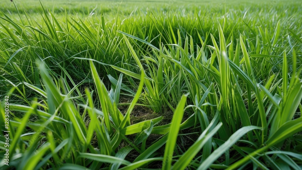 Close-up view of lush green grass blades with a soft focus in a vibrant natural outdoor setting Close-up view of lush green grass blades with a soft focus in a vibrant natural outdoor setting