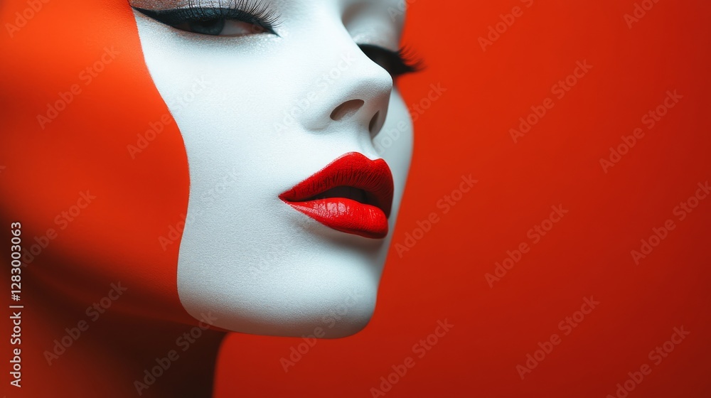 Striking contrast of bold red lips and smooth white face against vibrant orange backdrop Striking contrast of bold red lips and smooth white face against vibrant orange backdrop
